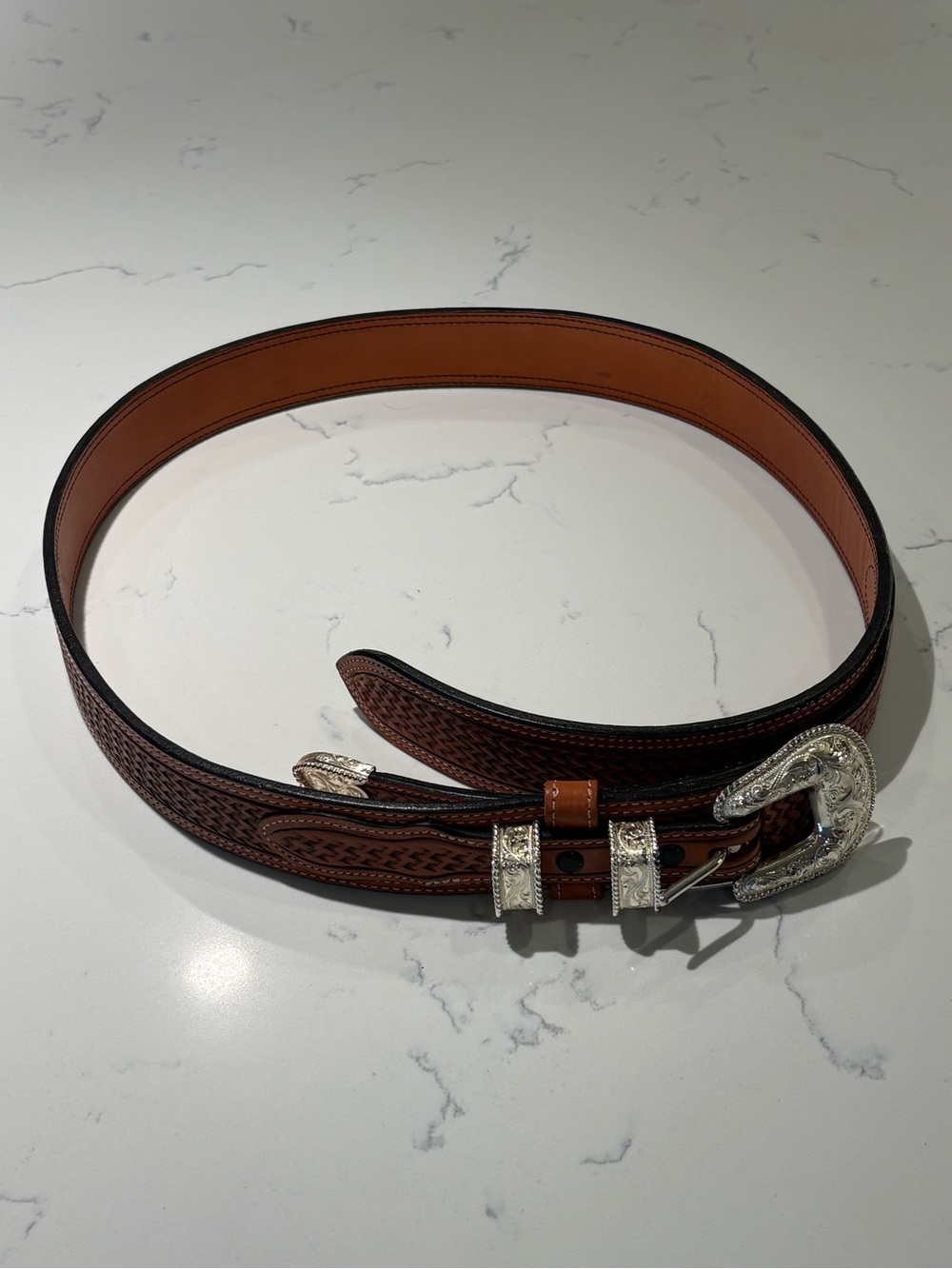 Orvis Top Grain Saddle Brown Leather Western Belt with Sterling Silver Buckle